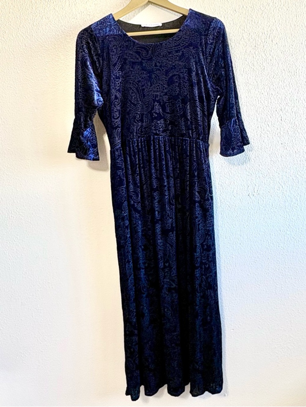 Chris & Carol Size Medium Navy Blue Black Velvet Burnout Maxi Dress Empire Waist